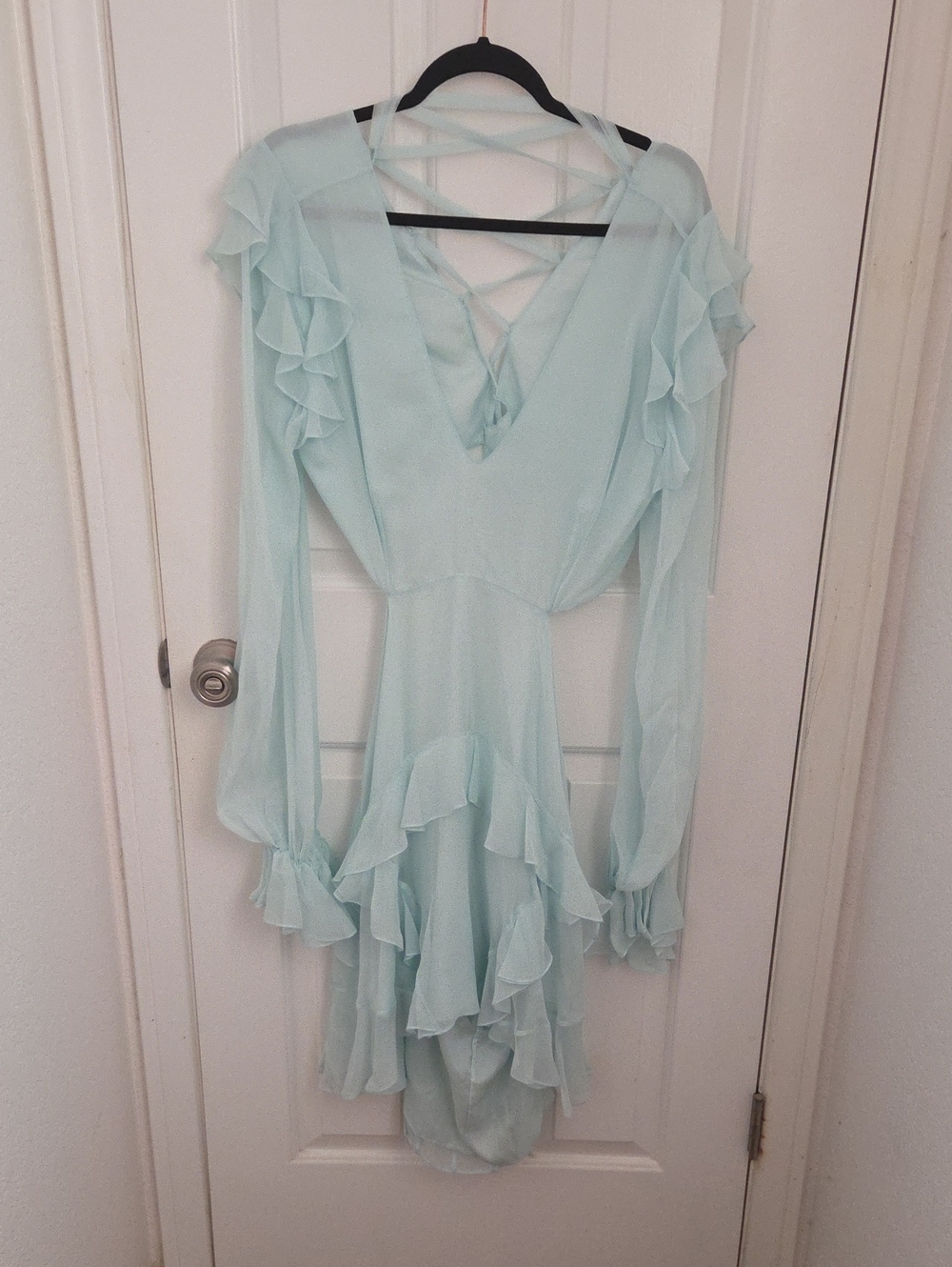 Light Aqua High-Low Ruffle V-Neck Dress with Lace-Up Back 100% silk